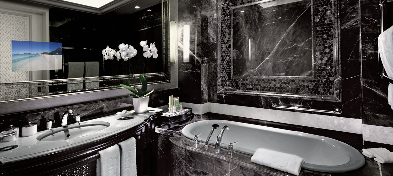 Ad Notam Technologies Mirror Tv Glass Lighted 18 5 Mirror Tv For Hospitality Installed In A Bathroom Environment Shangri La